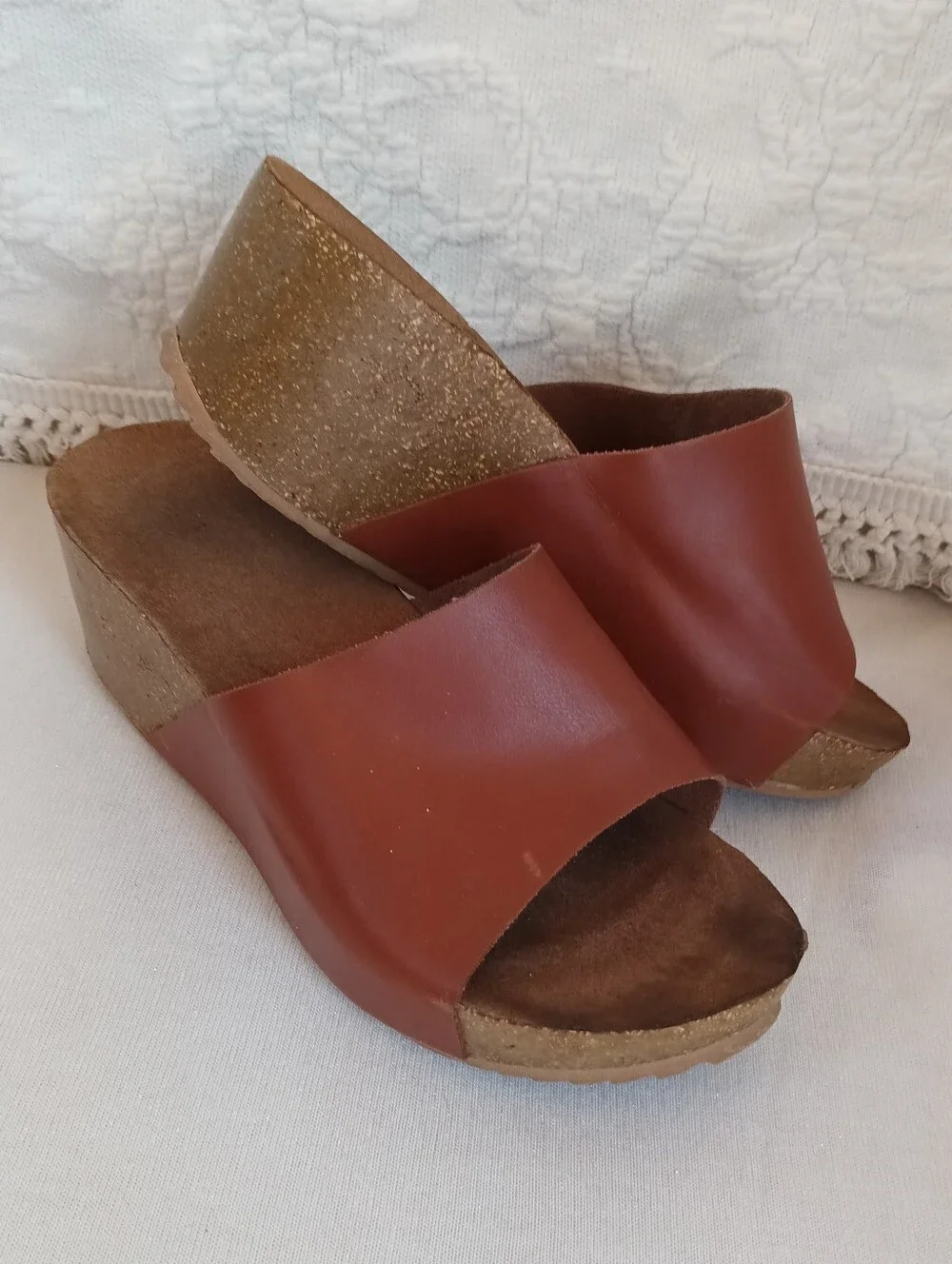 Brown Wedge Slide Sandals Platform Cork-Look Heel Retro Boho Cheap Summer Shoes